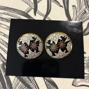 🖤 Vintage Round Enamel Chinese Cloisonne Export Clip Domed Round Earrings 🖤